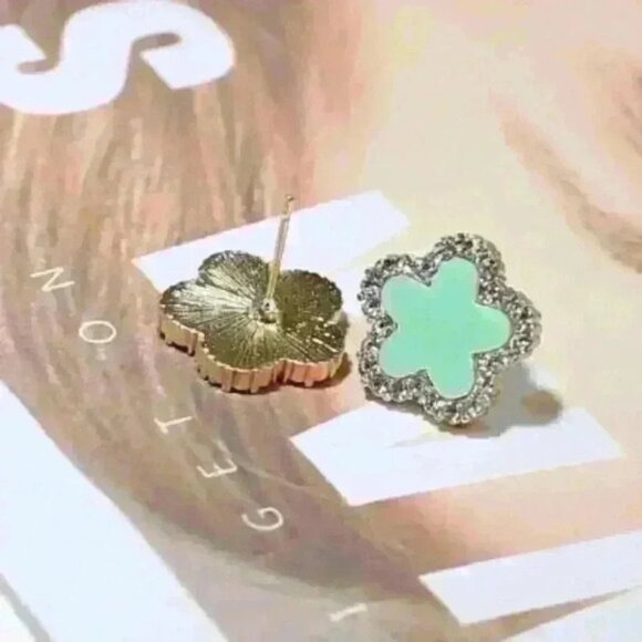 Aqua Green Clover Stud Earrings - Picture 3 of 4